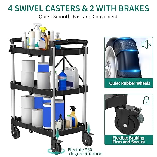 YITAHOME 3-Tier Folding Utility Cart with Wheels, Foldable Service Cart Collapsible Rolling Cart w/ 360° Swivel Wheels & Brake, 350lbs Load Capacity Portable Utility Cart for Kitchen, Warehouse