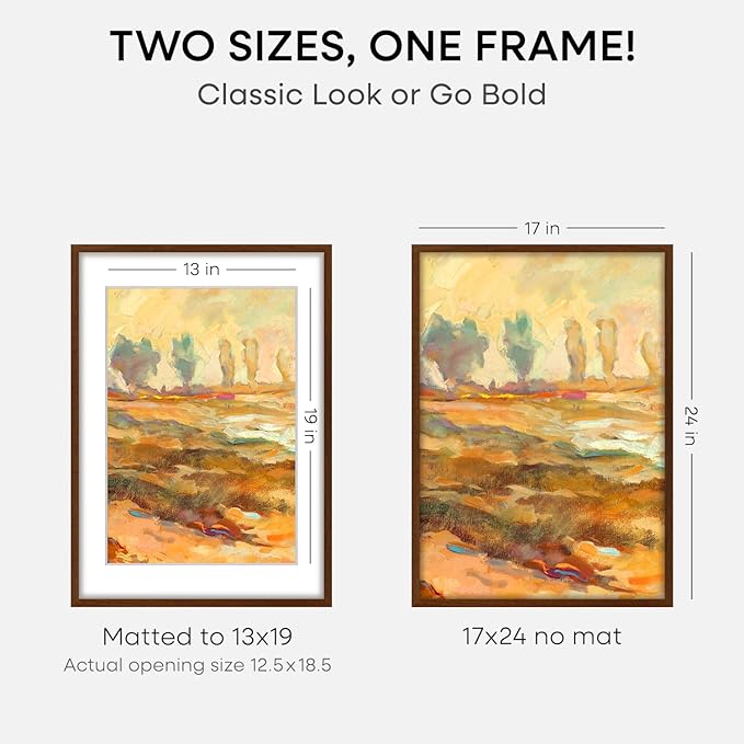Homeforia 17x24 Picture Frame Brown, High End Dark Oak 17x24 Poster Wood Frame with Mat 13x19 for Photo, 17 x 24 Wooden Walnut Frame Matted to 13 x 19, 24x17 Frames, Tempered Glass, Wall Kit, Set of 3