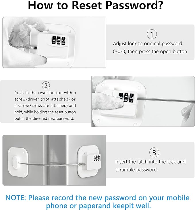 Refrigerator Lock, Heavy Duty Fridge Lock, Combination Lock for Refrigerator Cabinets, Drawers, Safety, Easy Install No Keys Needed (White-3Pack)
