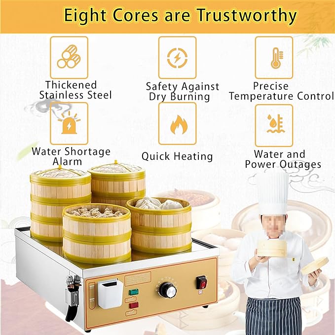 Commercial Electric Dim Sum Steamer,Two/Four/Six-Hole Electric Steamer,with Dry Burning Alarm + Independent Water Supply,for Cooking 6Holes