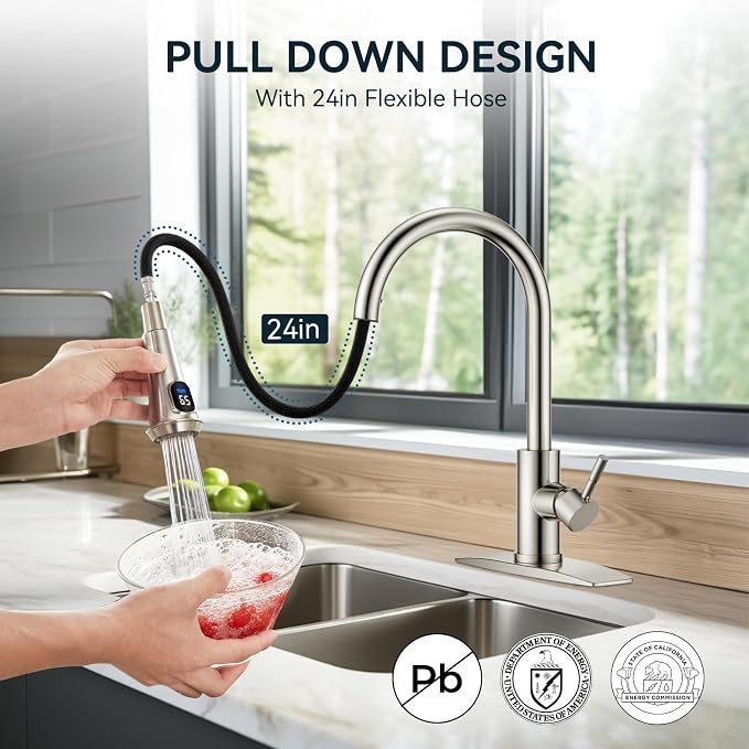 FORIOUS Kitchen Faucet with Temperature Digital Display, Brushed Nickel | High - Image 4