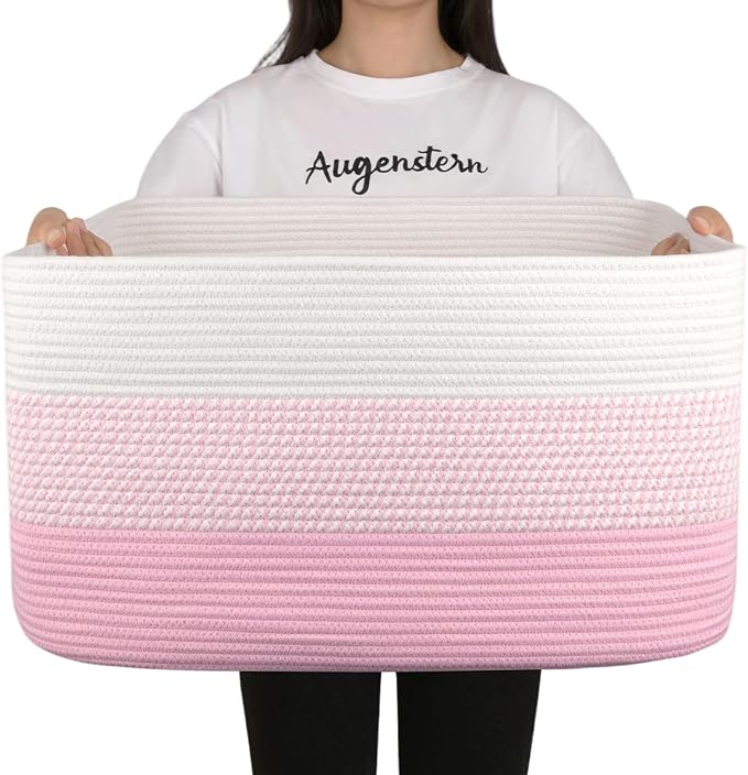 OIAHOMY Blanket Basket Laundry Basket Dog Toy Basket 75L Pink/White by MasterofSpaceOptimization