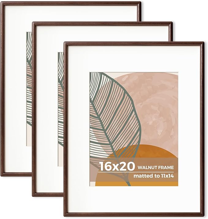 Axeman 16 x 20 Walnut Frame Set of 3 - Rounded Corner 16x20 Picture Frame Matted to 11x14 - Natural Walnut Wood Photo Frame with Tempered Glass for Wall Mount Display