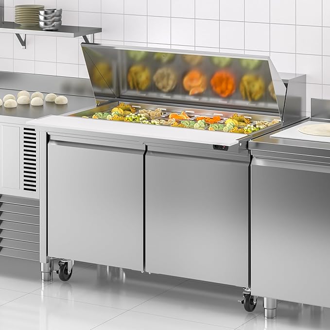 48" W Commercial Refrigerator Sandwich Salad Prep Table, 13.8 Cu.ft 2 Door Commercial Stainless Steel Mega Top Food Prep Fridge with 18 Pans, Salad Prep Station for Restaurant, Bar, Shop