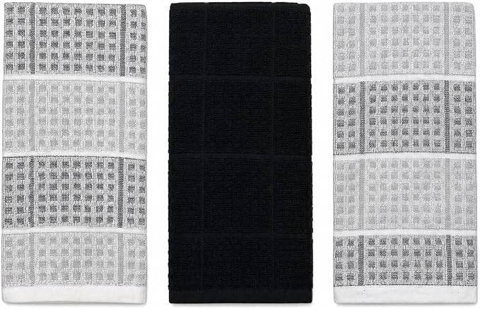 Serafina Home Black Gray Kitchen Dish Towels- Set of 3 100% Cotton Cloth Soft by SerafinaHome