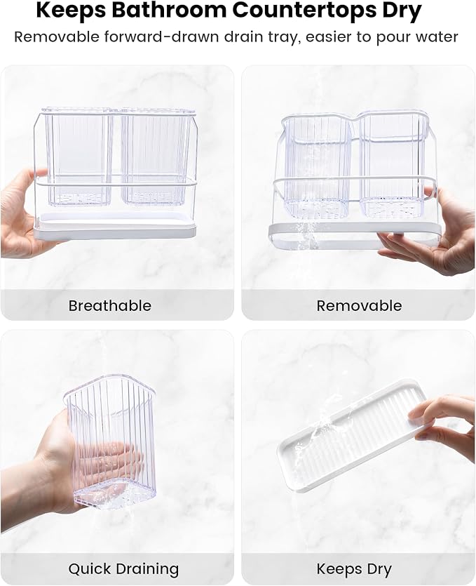 Clear Toothbrush Holders for Bathroom, 2 Cups Wall Mounted, Dry & Wet Separation - Image 4