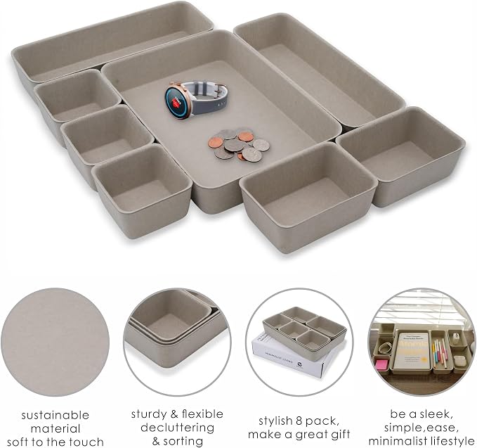 Office Felt Desk Drawer Organizer Tray 8pc Stone Natural Storage Bin | - Image 4