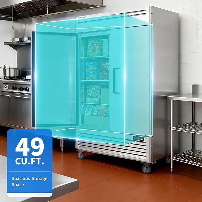Coolake 54" W Commercial Freezer, 49 Cu Ft Solid Door Upright Freezer with 8 Adjustable Shelves, -13°F ~ -5°F, Frost-free Stainless Steel Industrial Reach-in Freezer for School Restaurant Prep Kitchen