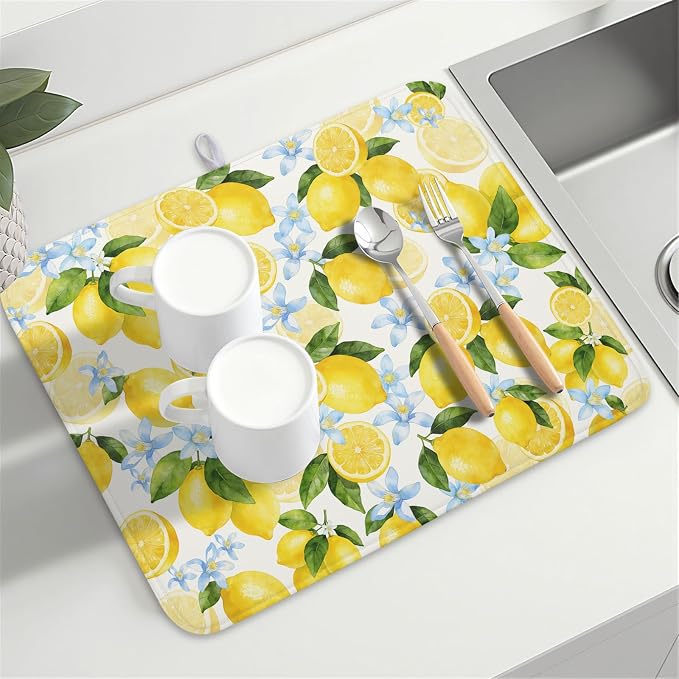 Kawani Lemon Dish Drying Mat 18x24 Inch Absorbent Reversible Summer Drying Mat - Image 8