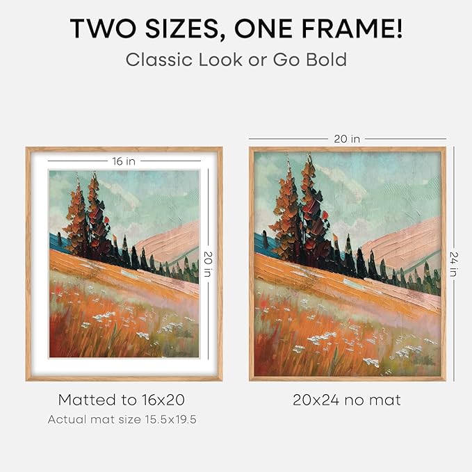 Homeforia 20x24 Picture Frame Wood, High End Natural Oak 20x24 Frame Matted to 16x20 Photo, 20 x 24 Light Wooden Poster Frames with Mat 16 by 20, 24by20 Thin Frames, Tempered Glass, Wall Kit, Set of 2