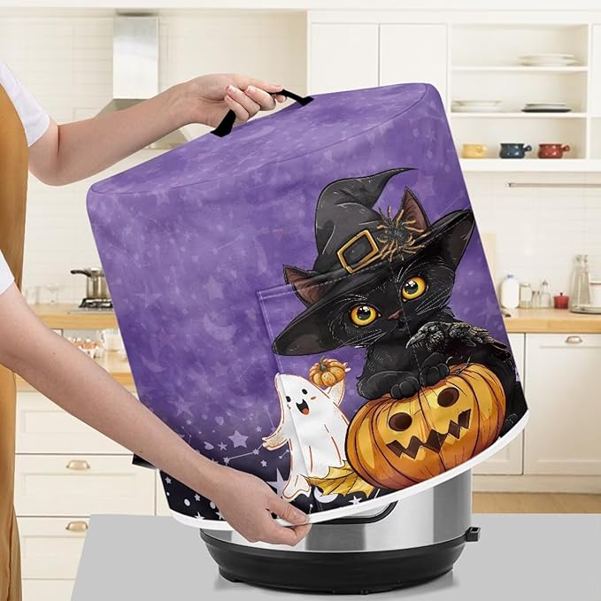 Halloween Cute Black Cat Pressure Cooker Dust Cover with Top Handle and Storage Pocket 8 Quart Air Fryer Rice Cooker Protector Covers Kitchen Appliance Decoration
