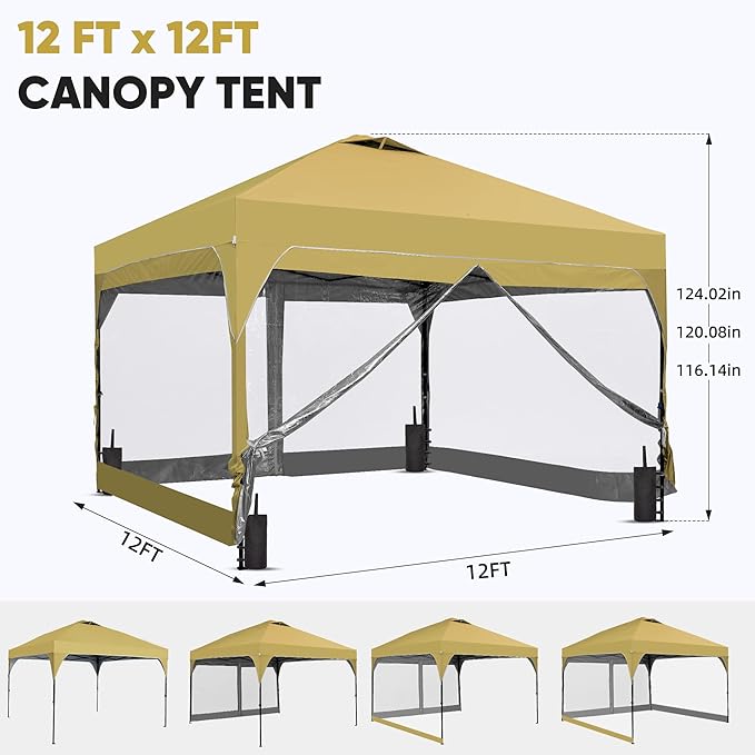 Saemoza 12x12 Pop Up Canopy Tent with One Push Setup, Outdoor Sun Shade Canopy for Backyard Party, Easy Up Instant Shelter with 4 PVC Transparent Sidewalls, 4-Sandbags & Wheel Bag, Khaki.