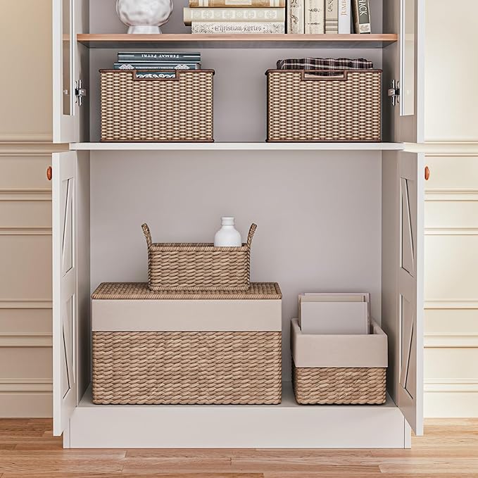 Vyre 71" Tall Farmhouse Kitchen Pantry, Large Storage Cabinets with Glass Doors, Adjustable Shelves, Wood Versatile Hutch Cabinet for Dining Room, Set of 2, White