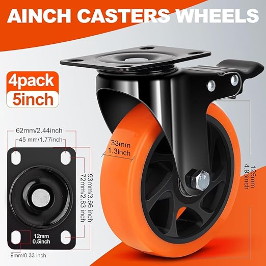 MSH&HCE 5-Inch Orange Heavy Duty Caster Wheels (Set of 4) - 2600Lbs Total Capacity, Polyurethane (PU) Wheels, Quiet Swivel Casters for Carts, Furniture & Workbenches (Two Hardware Included) ﻿