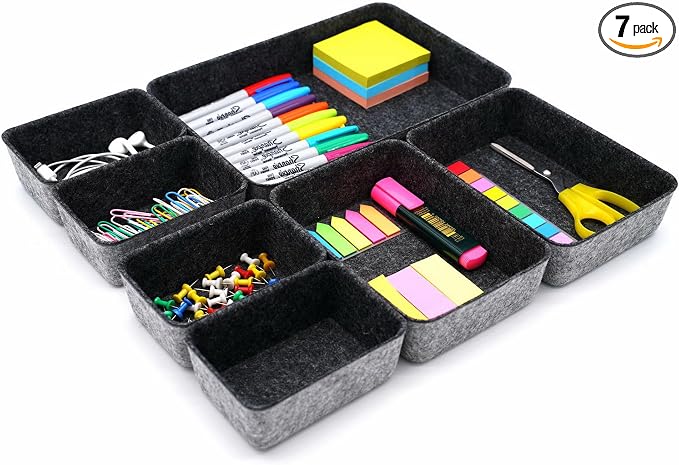 7pc Shallow Felt Desk Drawer Organizers Trays Charcoal Storage Bins by Welaxy
