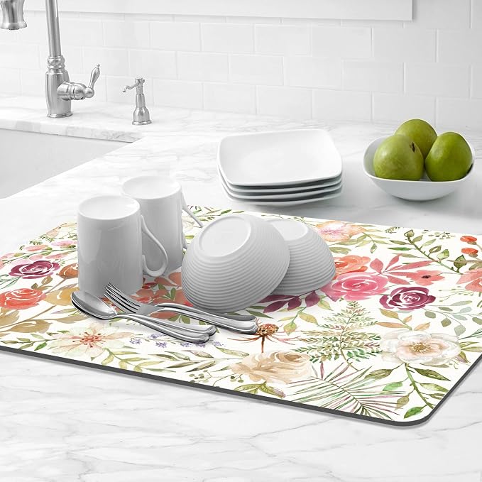 LOKHOM 18"x24" Dish Drying Mat，Pink Floral Coffee Mat | Pink Roses Petals Prints - Image 8