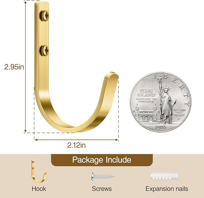 10 Pack 22LB Wall Hooks for Hanging Towel/Coat, Brushed Gold | Screw in Metal - Image 3