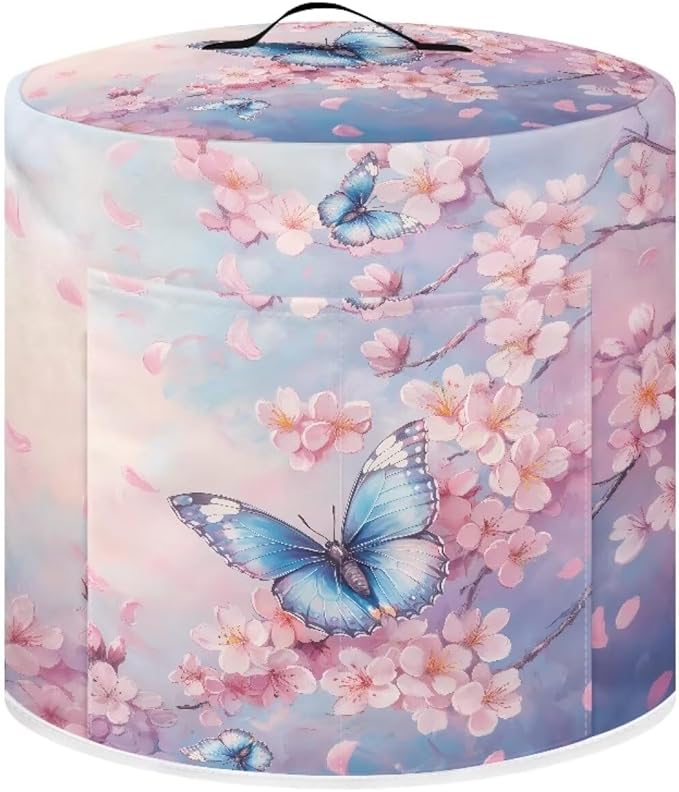 Xoenoiee Butterfly Pink Cherry Blossom Print Pressure Cooker Cover for Kitchen Appliance Dust Cover with Pockets for Rice Cooker Air Fryer Slow Cooker, for 8 Qt Pot