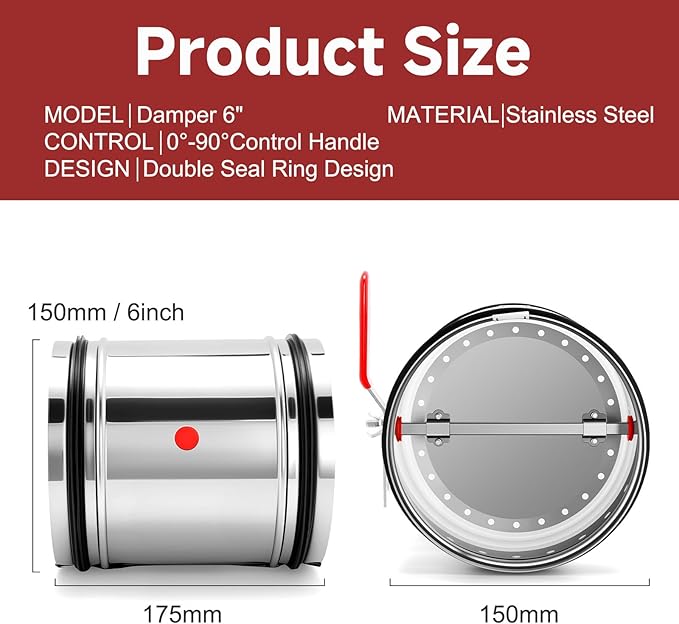 6 Inch HVAC Duct Manual Volume Backdraft Damper,Stainless Steel Airflow Control Valve With Adjustment Handle,Duct Damper for HVAC Ventilation System (6inch)