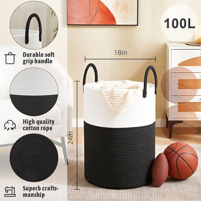Artfeel Laundry Basket, Woven Cotton Rope Laundry Hamper, 100L - Image 6