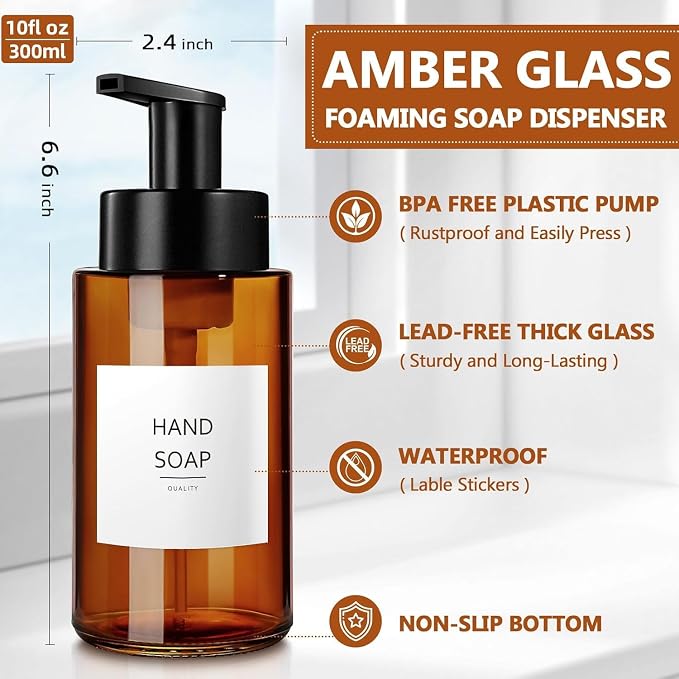 RYTOXILO Amber Foam Soap Dispenser, 10 oz/300ml Glass Foaming Soap Dispenser - Image 5