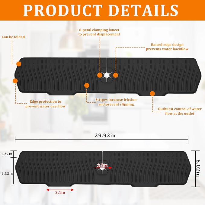 30 Inch Sink Splash Guard, Longer Silicone Sink Mat - Image 2