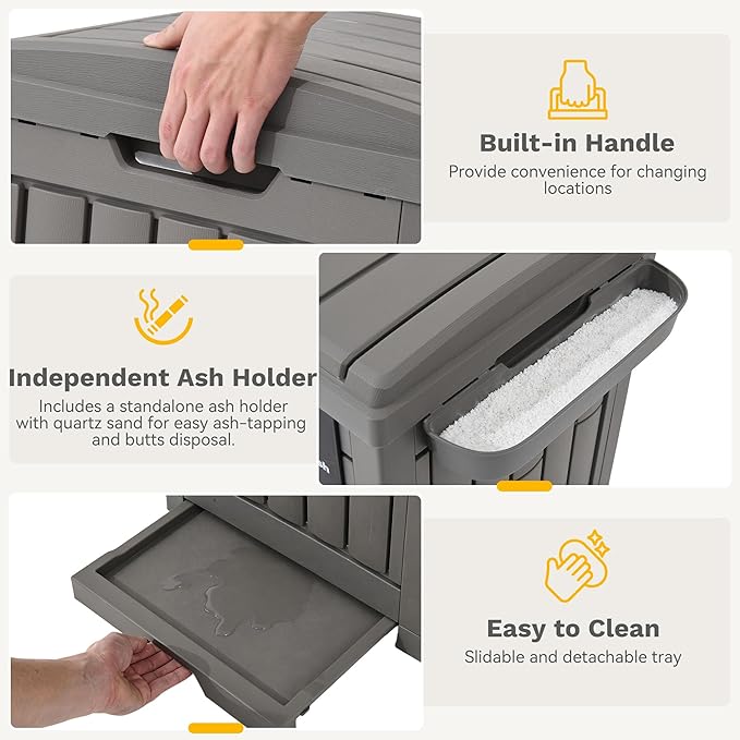 DWVO 76 Gallon Outdoor Trash Can, Dual-Compartment Resin Garbage Bin with Lid, Includes 2 Sorting Labels, Ash Holder, Stakes & Suction Cups, Hideaway Storage for Patio Backyard Garden, Light Brown