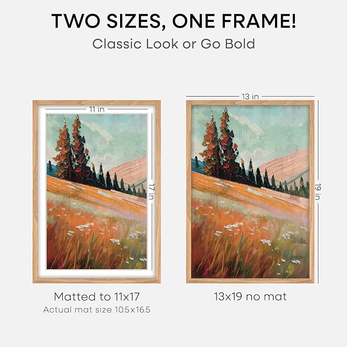 Homeforia 13x19 Picture Frame Wood, High End Natural Oak 13x19 Light Wooden Poster Frame with Mat 11x17, 13 x 19 Frames Matted to 11 x 17 Photo, 19x13 Hanging Frame, Tempered Glass, Wall Kit, Set of 4