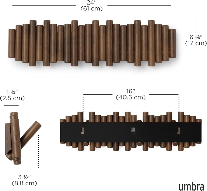 Umbra Picket Coat Rack, Wall Mount 8 Flip-Down Coat Hooks, Walnut | Beveled - Image 3