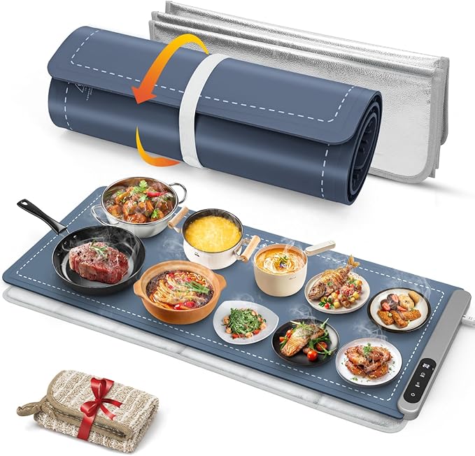 FYY Extra Large Warming Mat for Food with Heat Resistant Pad, Prevent Countertop Cracks, Keep Meal Warm, Rapid and Full Surface Heating, 6 Temp Settings, 6H Timer, Rollable Portable Food Warmer, Blue