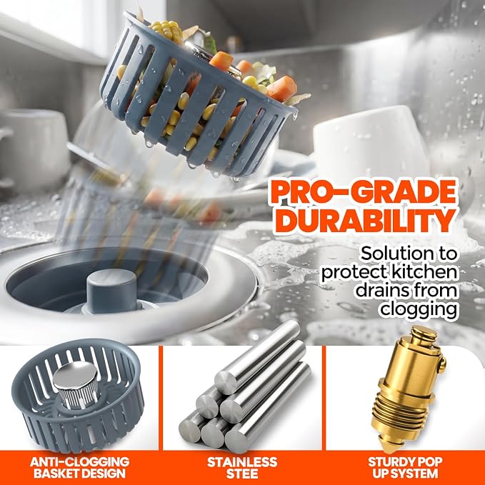 3 in 1 Kitchen Sink Drain Strainer Stopper Basket Pop Up Silver - Image 3