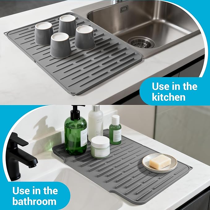 Silicone Dish Drying Mat for Kitchen Counter, Foldable & Heat Resistant Drying Pad with 5° Slope & Wide Drain, 15x12 Inch Non-slip Sink Mat for Bathroom and Countertop.(Dark Grey）