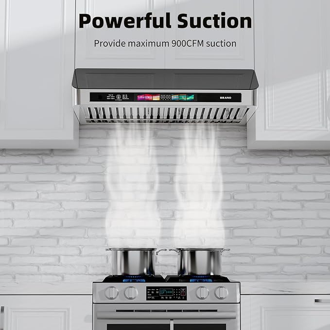 Under Cabinet Range Hood 36 Inch with Voice/Gesture/Touch Control, 900 CFM Stainless Steel & Upgraded Black Tempered Glass Ducted Kitchen Vent Hood with 4 Speed