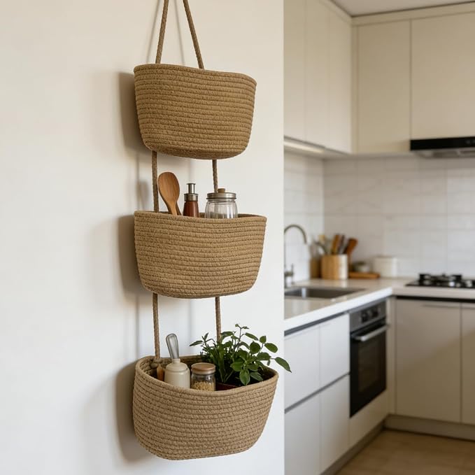 3-Tier Over the Door Hanging Basket, Cotton Rope Woven Decorative Hanging - Image 8