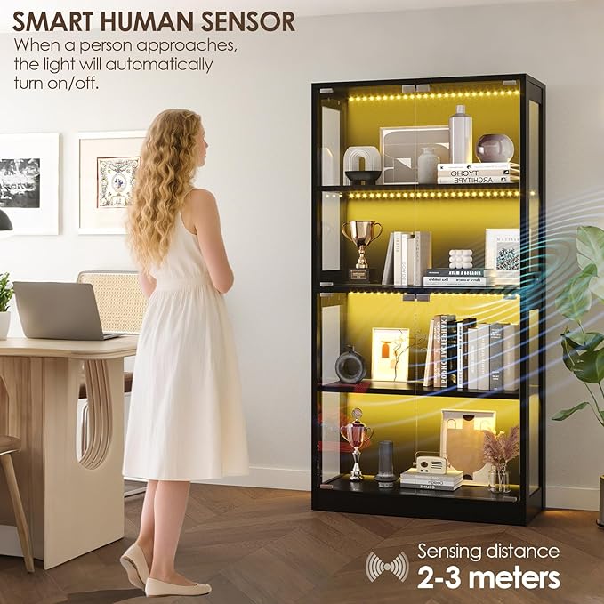 Display Cabinet with Glass Doors 4-Tier, 7 Vibrant Colors 3 Dynamic Lighting Modes, HD Glass Storage Cabinet with Human Body Sensor for Curio, Trophy, Collectibles (Black)