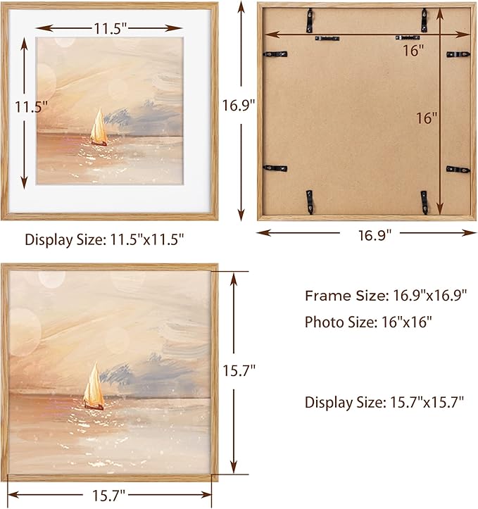 Solid Oak Wood 16x16 Picture Frames, 16"x16" Picture Frame Matted to 12"x12", Square Frames 16 x 16 with Tempered Glass, 16 by 16 Photo Frame for Wall (Beige Oak Color, 3 Pack)
