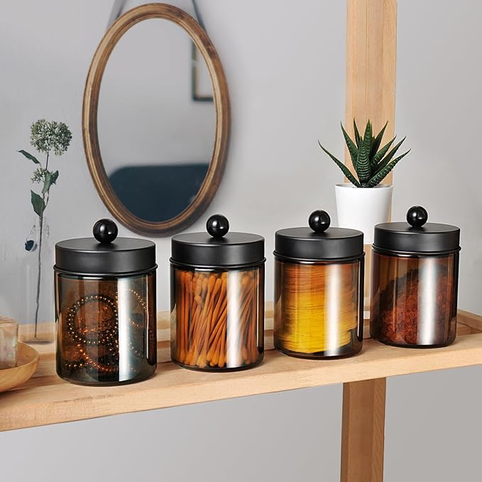 Amolliar Amber Glass Apothecary Jars Qtip Holder w/Metal Lids - Image 5
