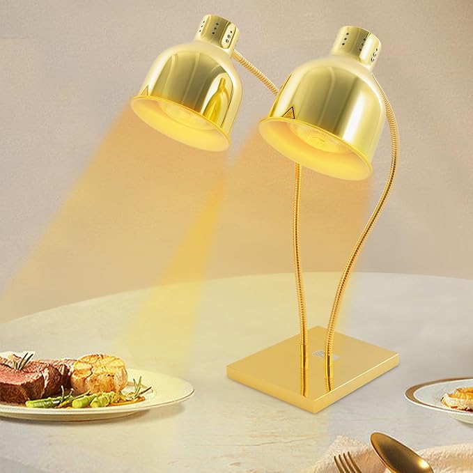 Food Heat Lamp Warmer Gold, 500W Double Bulbs Buffet Display Heating Preservation Light, Lighting for Food Buffet, Electric Portable Infrared Heating Lamp with 360°Adjustable Head (Gold)