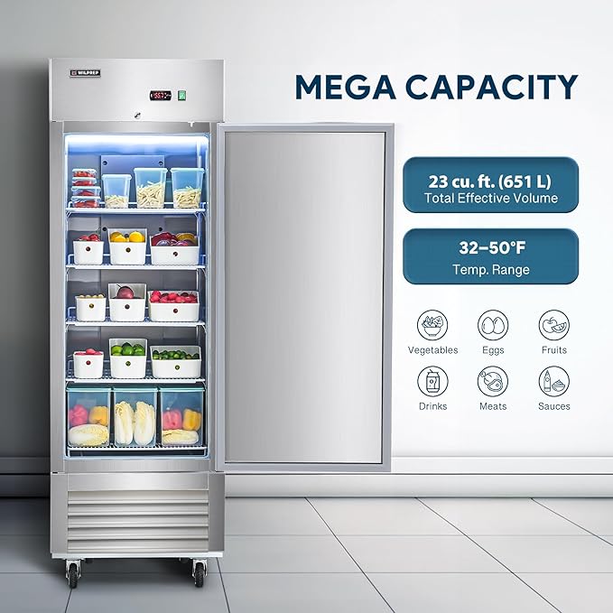 Wilprep Commercial Refrigerator 27" W 1 Door 1 Section ETL-Listed Stainless Steel Upright Fridge 23 Cu.ft Reach-in Solid Upright Fan Cooling Refrigerator for Restaurant, Bar, Shop, etc