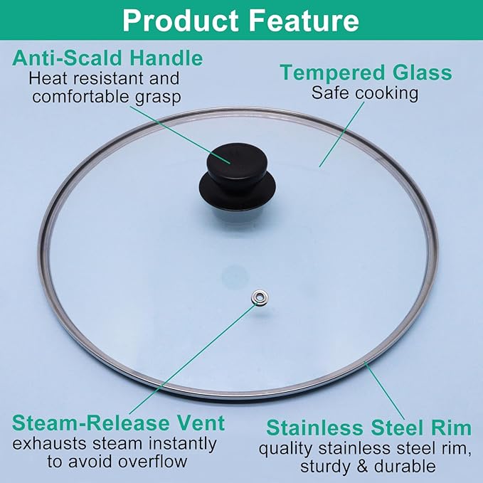 Pan Lid 12 Inch, Round Tempered Glass Lid, Universal Pot Lids with Heat Resistant Handle, Replacement Pan Cover for Pans and Skillets, Dishwasher Safe