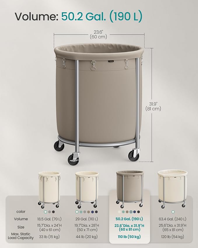 SONGMICS Laundry Basket with Wheels, Steel Frame, Removable Bag - Image 6