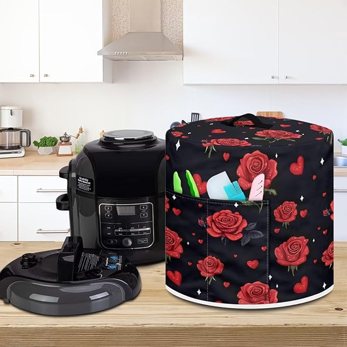 Pressure Cooker Cover for Women,Insulated Rice Cooker Cover with Easy to Clean Red Rose Waterproof Dust Cover with Pockets for Instant Pot 8 Quart Appliance Cover