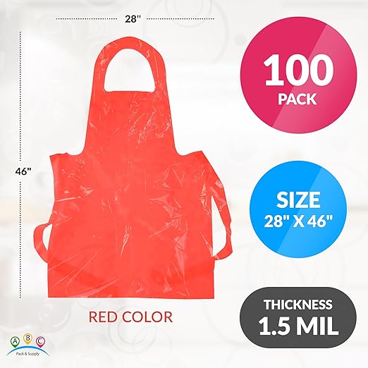 ABC PACK & SUPPLY Red Plastic Disposable Aprons Adults for Painting, 28 x 46 Inches. Pack of 100 Disposable Plastic Aprons, 1.5 Mil. Unisex Waterproof Polyethylene Painting Apron for Food Industry