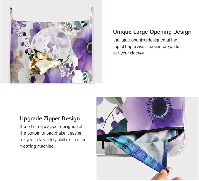 Purple and White Silver Lotus Flowers and Berries Hanging Laundry Hamper Door - Image 4