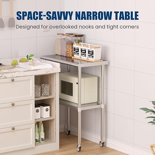 Stainless Steel Table with Wheels 18 x 30 Inches Metal Prep Table with Adjustable Undershelf & Casters for Commercial Kitchen, Outdoor, Restaurant, Hotel & Garage