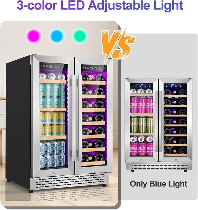 3 LED Wine and Beverage Refrigerator, 90 Can & 21 Bottle Dual Zone Stainless-Steel Wine Beverage Cooler, 24 Inch Built-In or Freestanding Wine and Drink Fridge Fast Cooling for Home/Kitchen