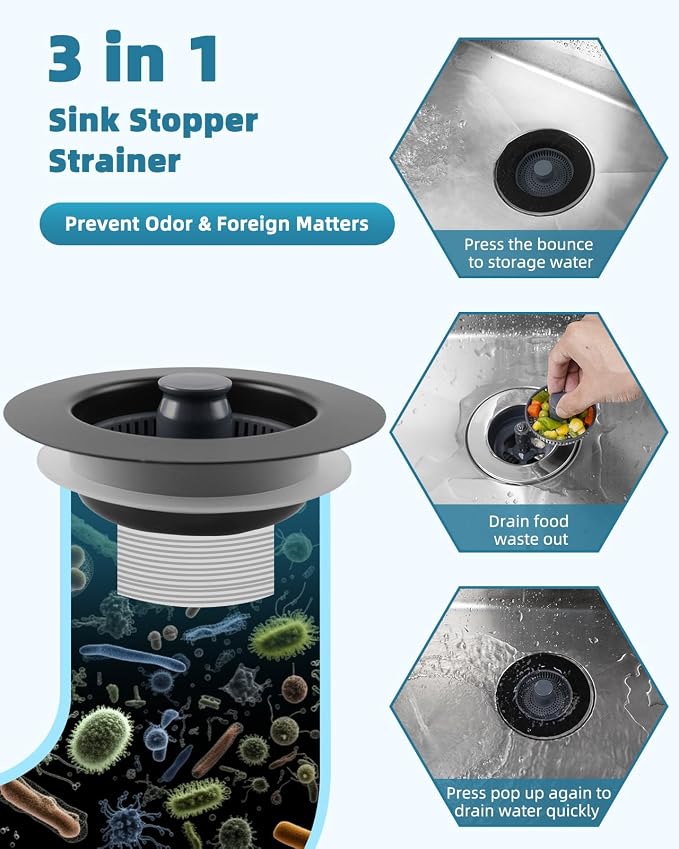 Universal 3 in 1 Kitchen Sink Drain Strainer Stopper Combo, Matte Black - Image 4