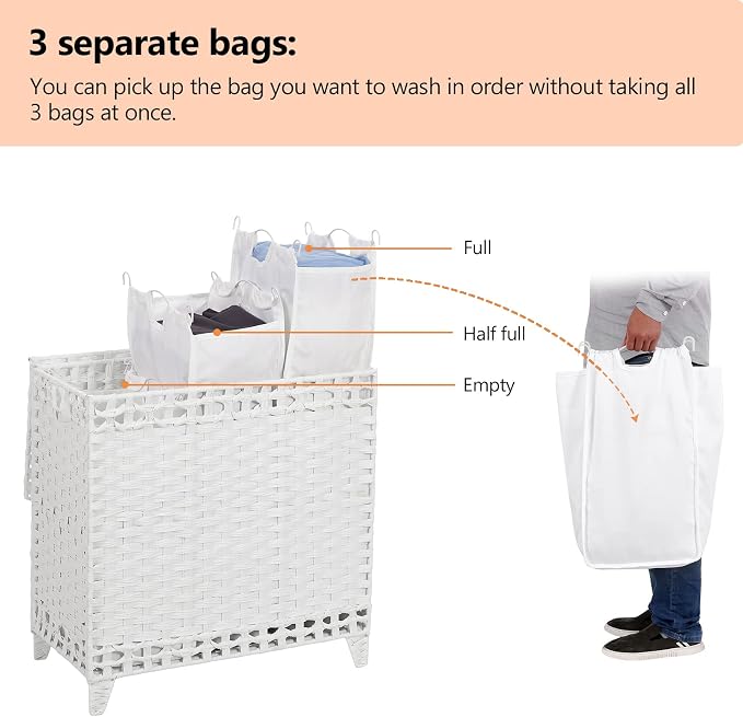 Laundry Hamper with 3 Removable Liner Bags, 132L Laundry Sorter with Lid - Image 3