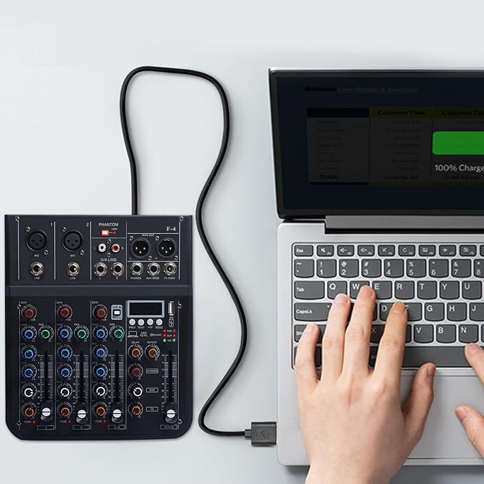 4 Channel mixer, DJ Mixer Board with Bluetooth and Usb, Audio Sound Card with Interface Recording and 48V Phantom Power, Sounds Mixer Board with FX Reverb Delay Effect for Streaming