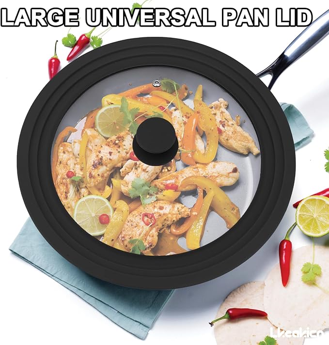 15 Inch Universal Pan Lid, Heat Resistant Frying Pan Lid, Silicone & Tempered Glass Lid for 13-15 Inch Pots and Pans